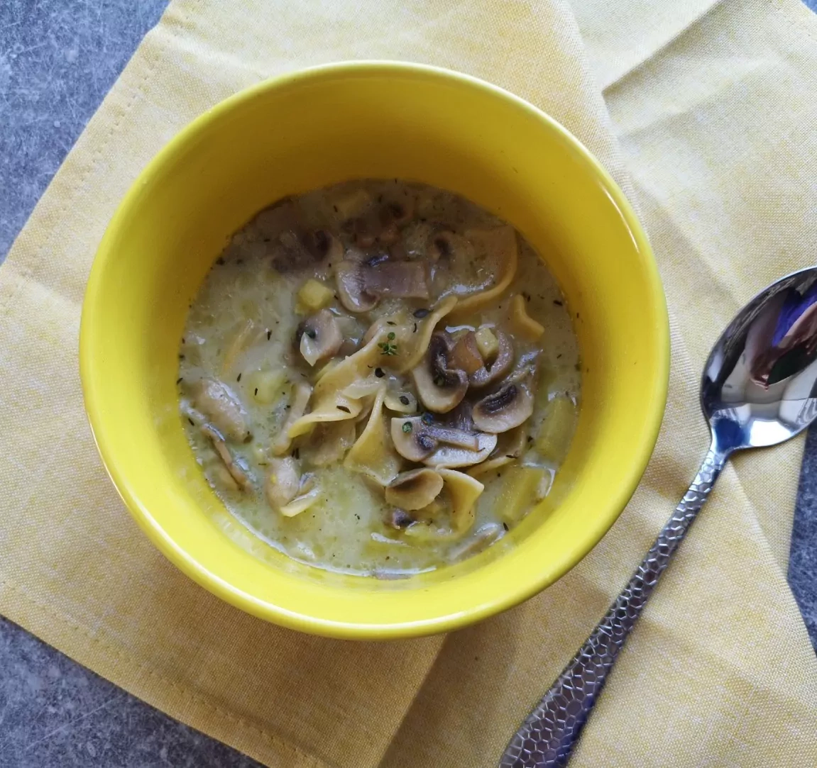 Pievagrybių sriuba su makaronais ir grietinėle