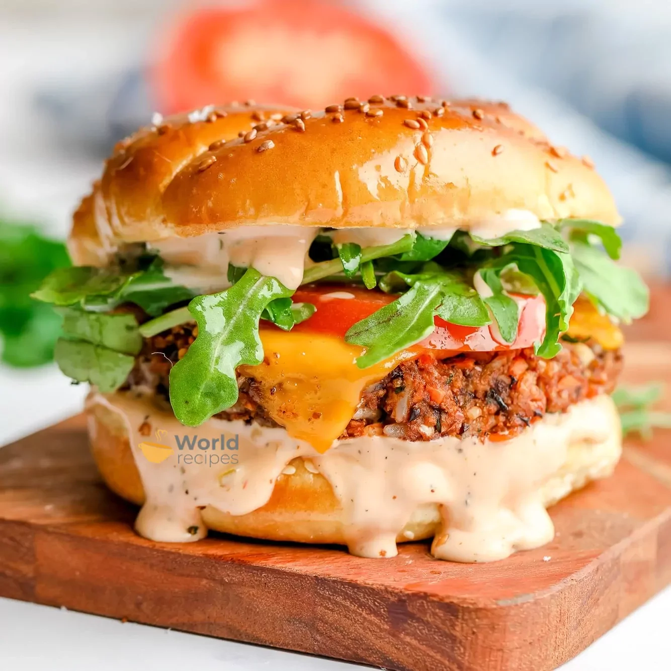 Veganiškas burgeris - mėsainis su saldžiarūgščiu čili majonezu, be gliuteno