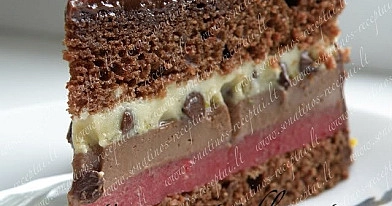 Šokoladinis tortas su avietėmis ir pistacijomis