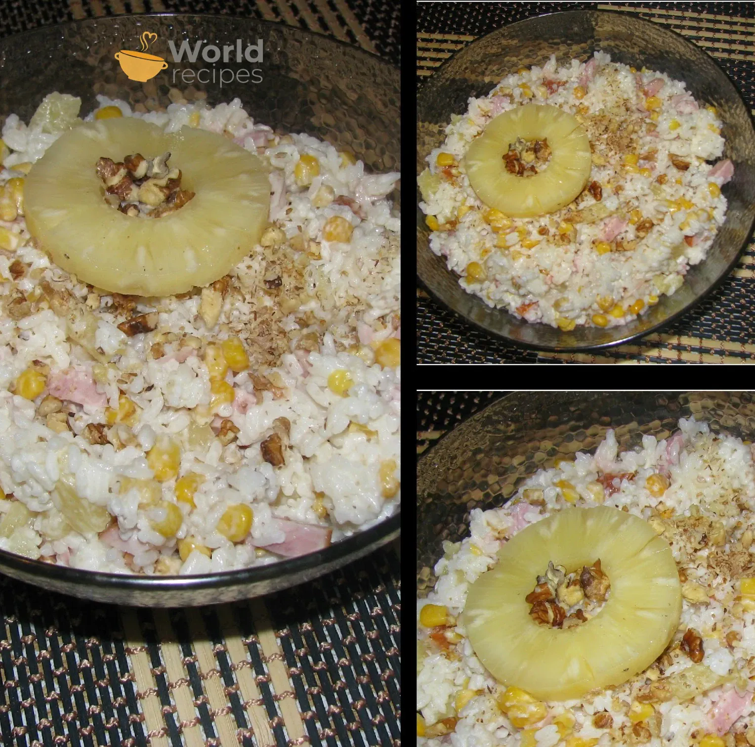 Salotos-mišrainė "Ponių laimė" su rūkyta vištiena, ryžiais, ananasais ir kukurūzais