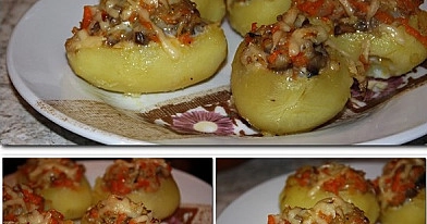 Bulvės įdarytos silke, svogūnais, morkomis ir sūriu