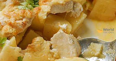 Vištienos ir bulvių apkepas su fermentiniu sūriu bei pievagrybiais