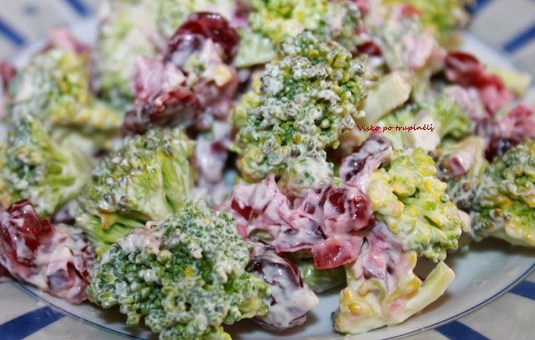 Brokolio ir džiovintų spanguolių salotos