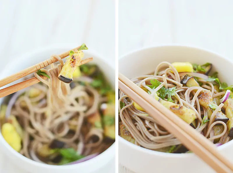 Ottolenghi soba noodles makaronai su baklažanais ir mangu